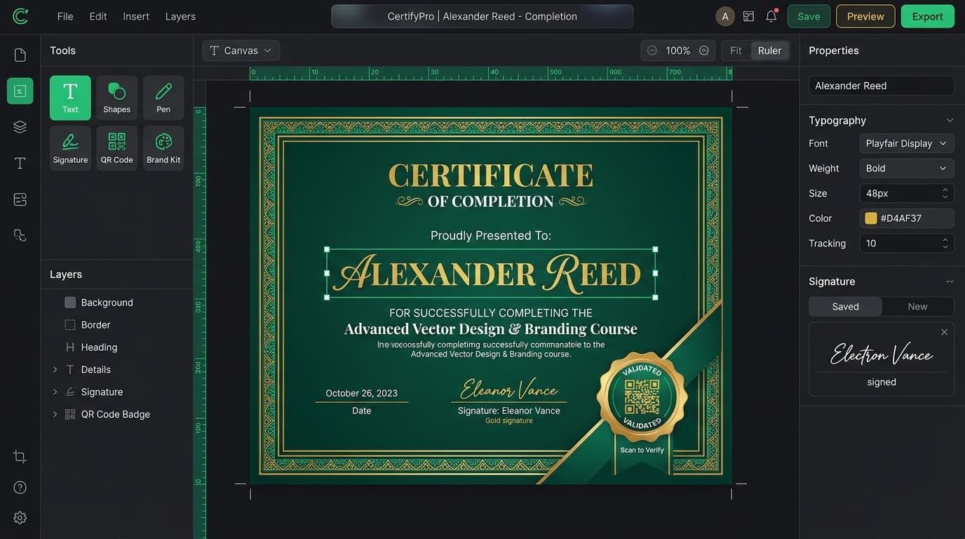 cerver Vector Certificate Designer Canvas Interface